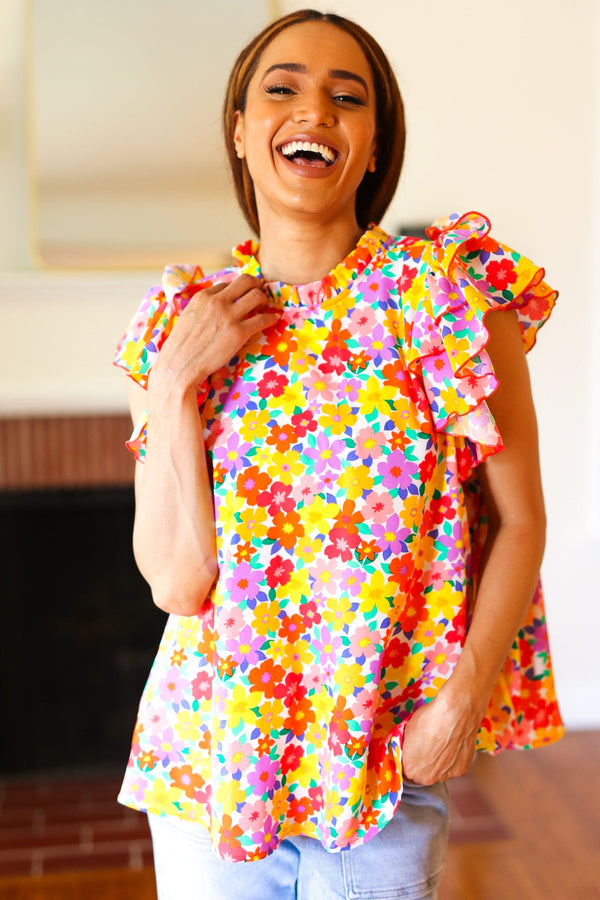 Flower Power Ivory & Red Floral Mock Neck Flutter Sleeve Top - Coeur de la Mode