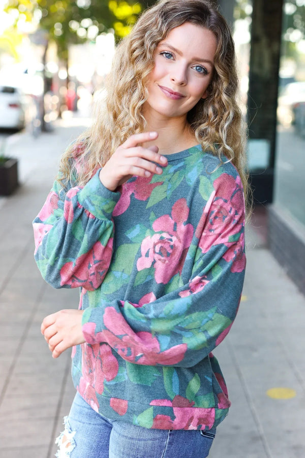 Everyday Hunter Green Floral Brushed Hacci Sweater Top - Coeur de la Mode