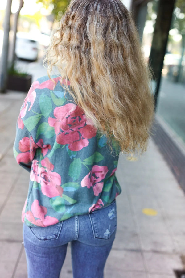 Everyday Hunter Green Floral Brushed Hacci Sweater Top - Coeur de la Mode