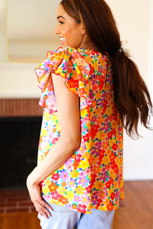 Flower Power Ivory & Red Floral Mock Neck Flutter Sleeve Top - Coeur de la Mode