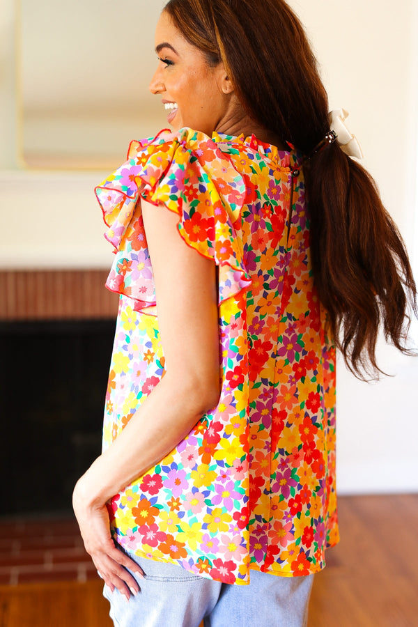 Flower Power Ivory & Red Floral Mock Neck Flutter Sleeve Top - Coeur de la Mode