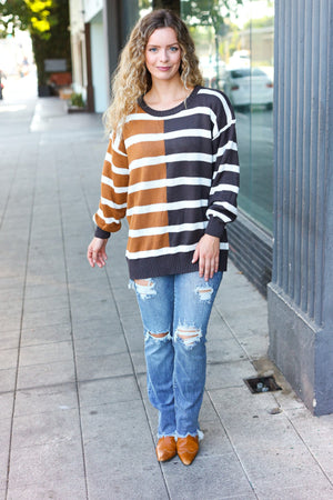 Camel & Charcoal Striped Color Block Sweater - Coeur de la Mode