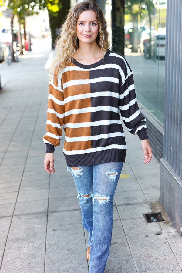 Camel & Charcoal Striped Color Block Sweater - Coeur de la Mode