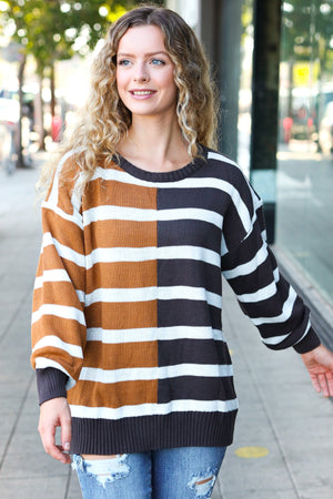 Camel & Charcoal Striped Color Block Sweater - Coeur de la Mode