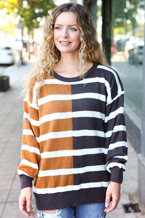 Camel & Charcoal Striped Color Block Sweater - Coeur de la Mode
