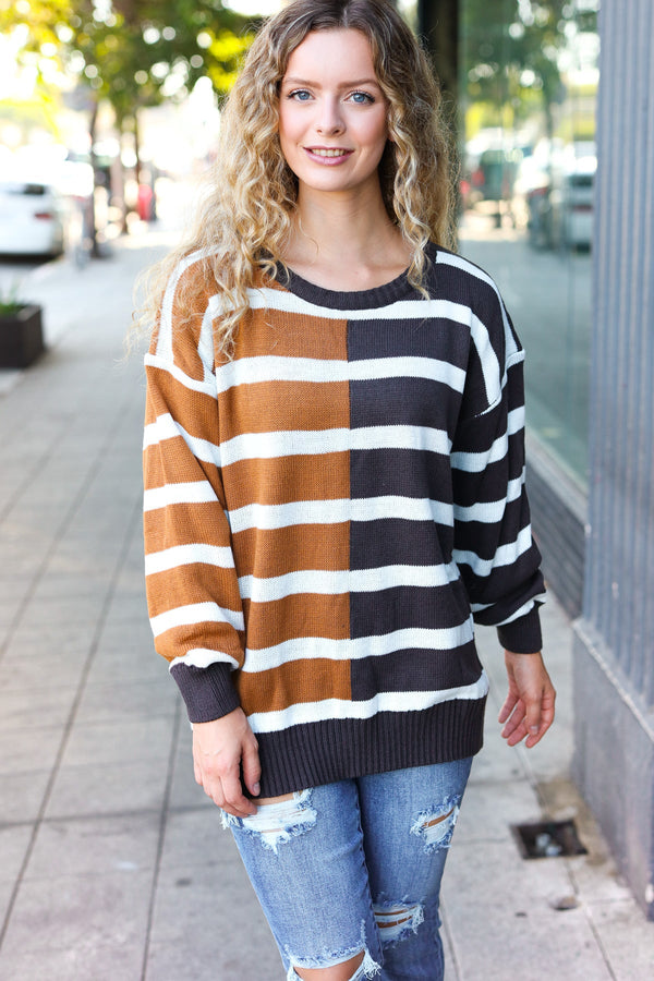 Camel & Charcoal Striped Color Block Sweater - Coeur de la Mode
