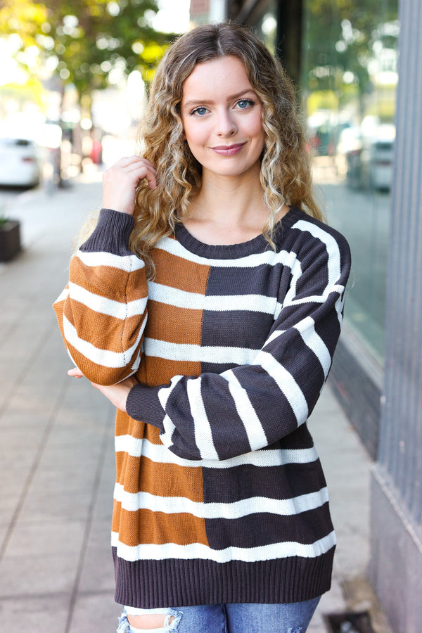 Camel & Charcoal Striped Color Block Sweater - Coeur de la Mode