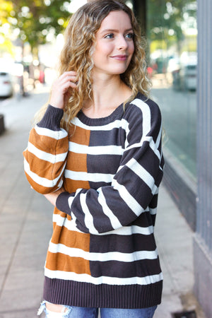Camel & Charcoal Striped Color Block Sweater - Coeur de la Mode