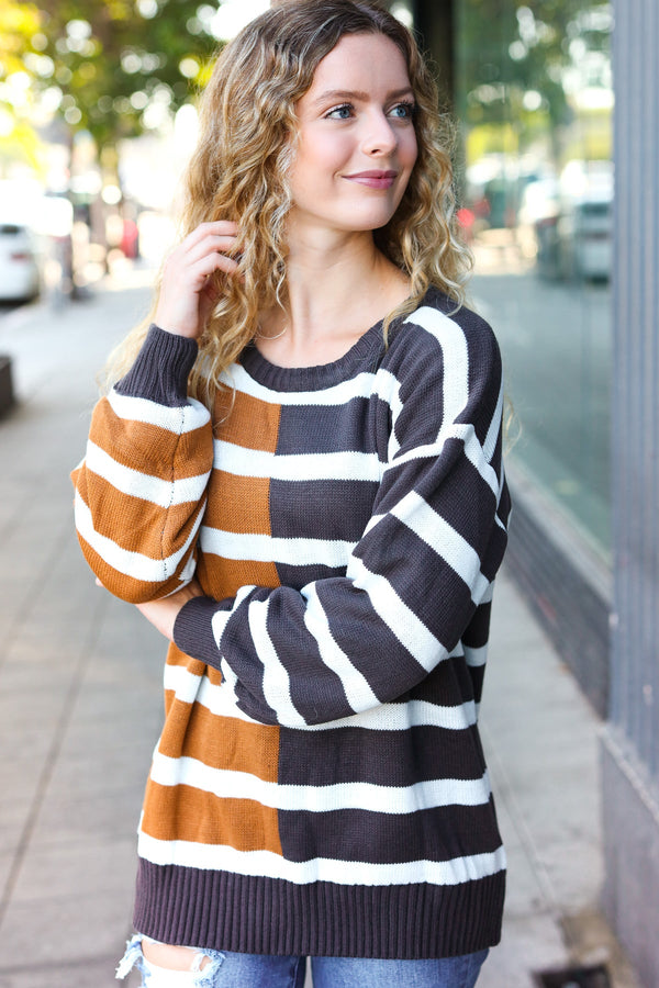 Camel & Charcoal Striped Color Block Sweater - Coeur de la Mode