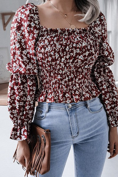 Smocked Floral Long Sleeve Top for Effortless Style - Coeur de la Mode