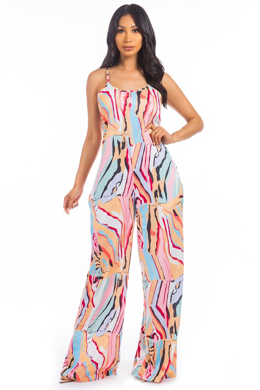 Turn heads and embrace effortless summer style with this stunning Multi-Print Jumpsuit featuring Palazzo Pants. The sexy round neckline and sleeveless design keep yoCoeur de la Mode