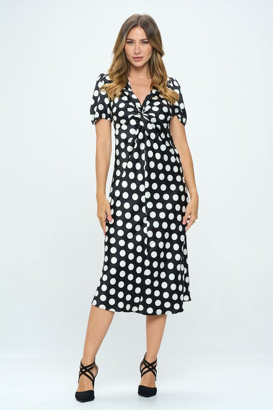 Stretch Satin Polka Dot Print Midi Dress