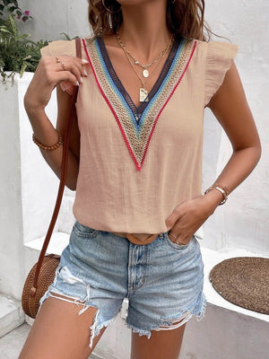 V Neck Lace Ruffle Sleeve Top for Stylish Women - Coeur de la Mode