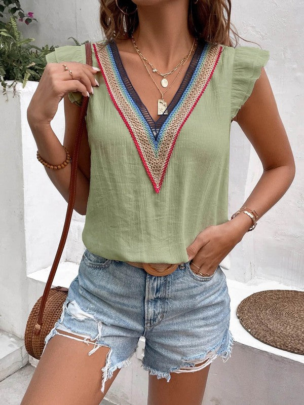 V Neck Lace Ruffle Sleeve Top for Stylish Women - Coeur de la Mode