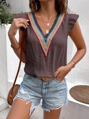 V Neck Lace Ruffle Sleeve Top for Stylish Women - Coeur de la Mode