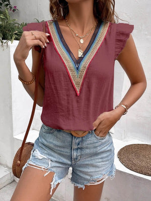 V Neck Lace Ruffle Sleeve Top for Stylish Women - Coeur de la Mode