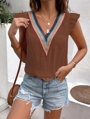 V Neck Lace Ruffle Sleeve Top for Stylish Women - Coeur de la Mode