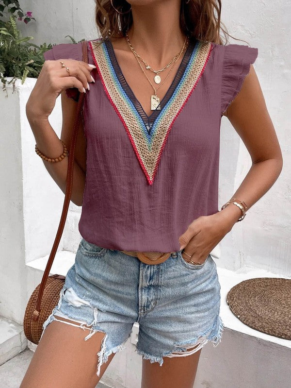V Neck Lace Ruffle Sleeve Top for Stylish Women - Coeur de la Mode