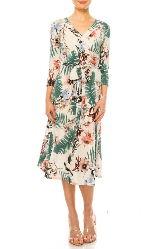 Floral print, faux wrap dress with deep V-neck Moa Collection