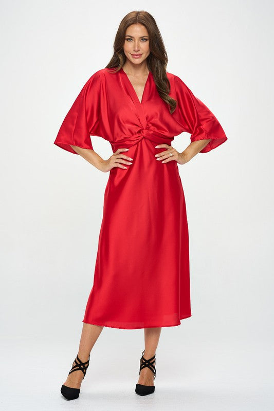 Satin Stretch Solid Dress with Front Twis