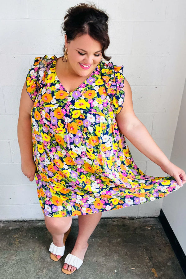 Indigo & Lemon Floral Babydoll Ruffle Dress - Coeur de la Mode