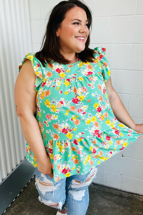 Mint Floral Yoke Flutter Sleeve Keyhole Back Top - Coeur de la Mode