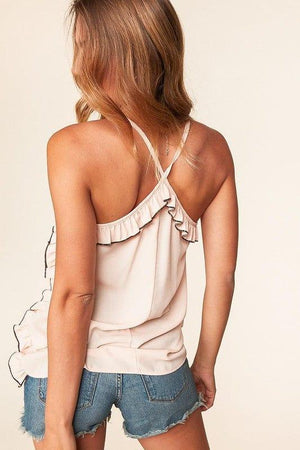 Peach Wool Dobby V Neck Ruffle Hem Tank Top - Coeur de la Mode