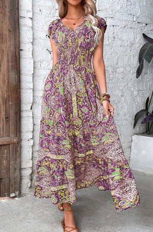 Floral V Neck Dress for Women in Elegant Summer Style - Coeur de la Mode