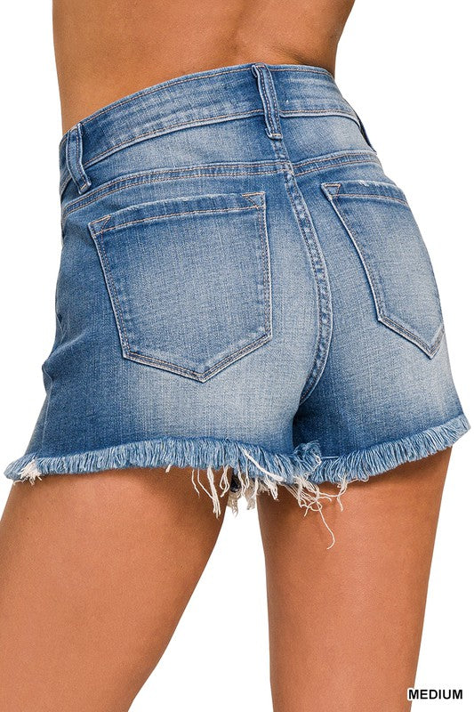 Mid Rise Raw Frayed Hem Denim Shorts - Coeur de la Mode