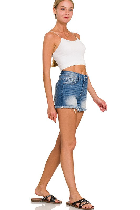 Mid Rise Raw Frayed Hem Denim Shorts - Coeur de la Mode