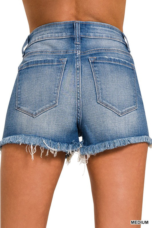 Mid Rise Raw Frayed Hem Denim Shorts - Coeur de la Mode