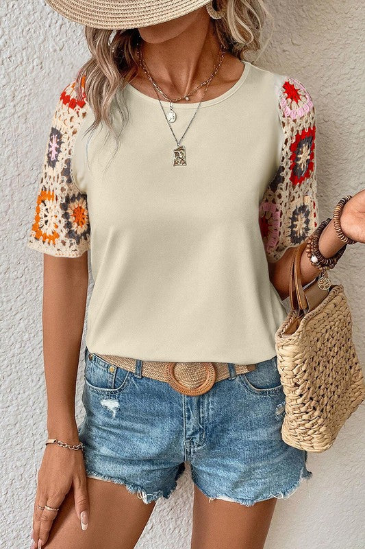 Add more chic to your daily top with this new arrivalA classic round neck design combines floral crochet sleevesIt has a relaxed silhouette crafted by high-stretch fCoeur de la Mode