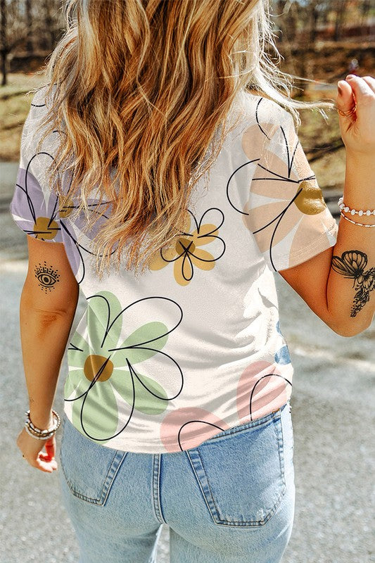 Women Flower Print Casual Round Neck T Shirt