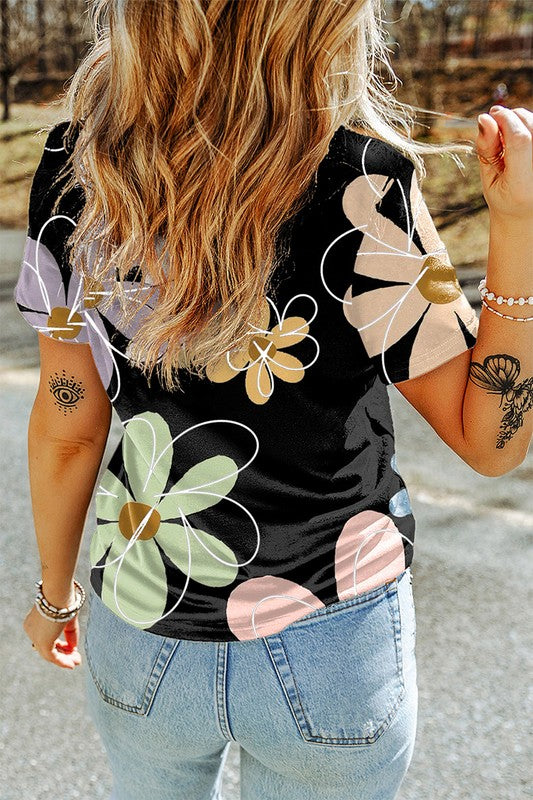 Women Flower Print Casual Round Neck T Shirt