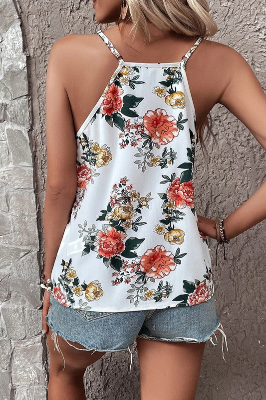 Women Floral Print Lace V Neck Tank Top