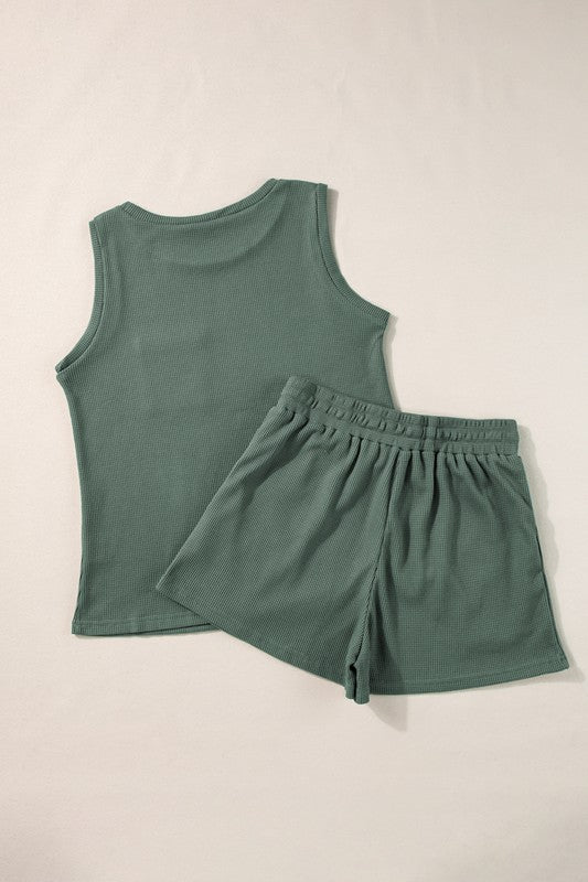 Knit Patched Pocket Tank and Drawstring Shorts Set YNIQUE