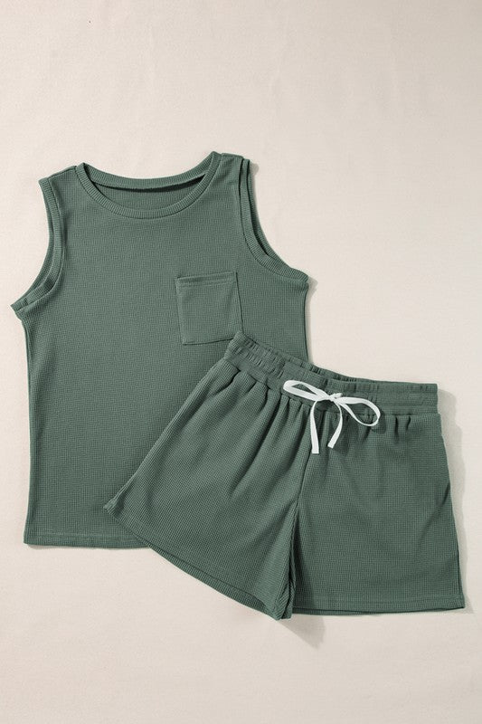 Knit Patched Pocket Tank and Drawstring Shorts Set YNIQUE