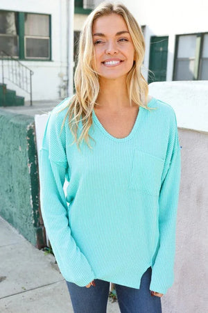 Eyes On You Seafoam Mineral Wash Rib Notch Neck Pocket Top - Coeur de la Mode