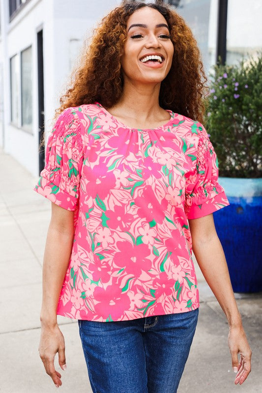 Vacay Vibes Floral Back Keyhole Short Smocked Banded Sleeve Top - Coeur de la Mode