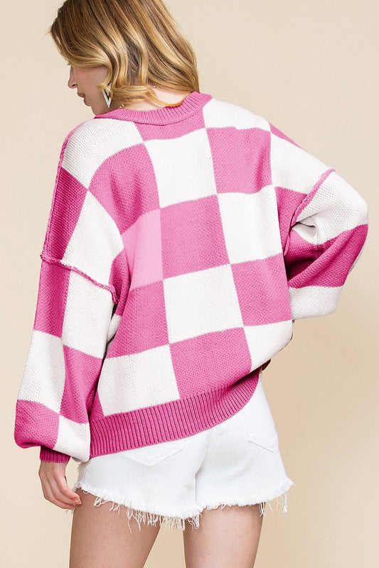 Women Checkered Bishop Sleeve Sweater