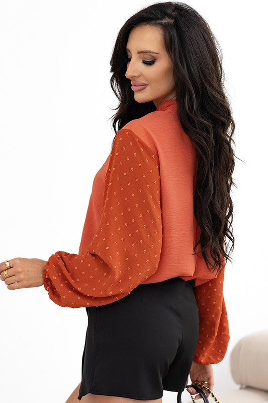 Women Swiss Dot Balloon Sleeve Loose Blouse