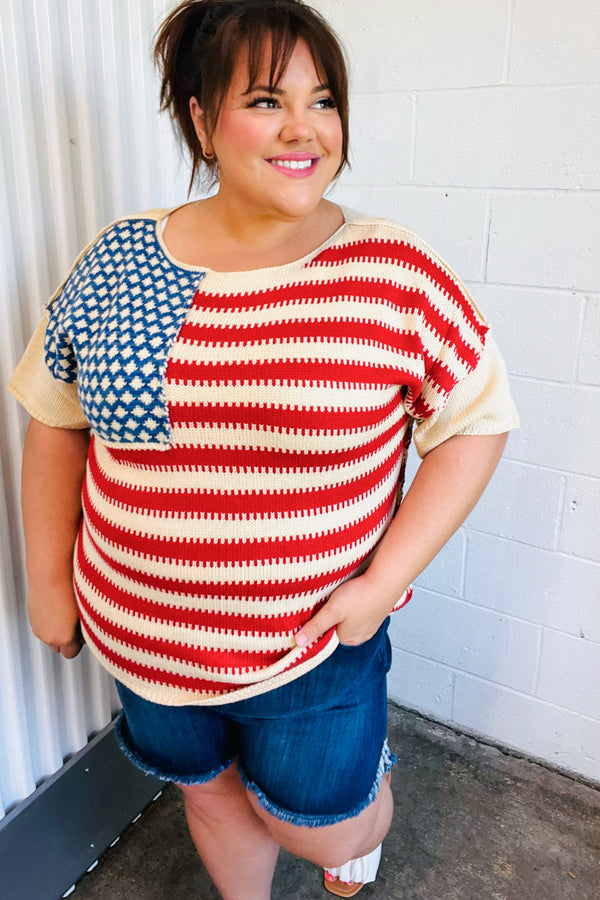 American Flag Jacquard Knit Sweater Top - Coeur de la Mode