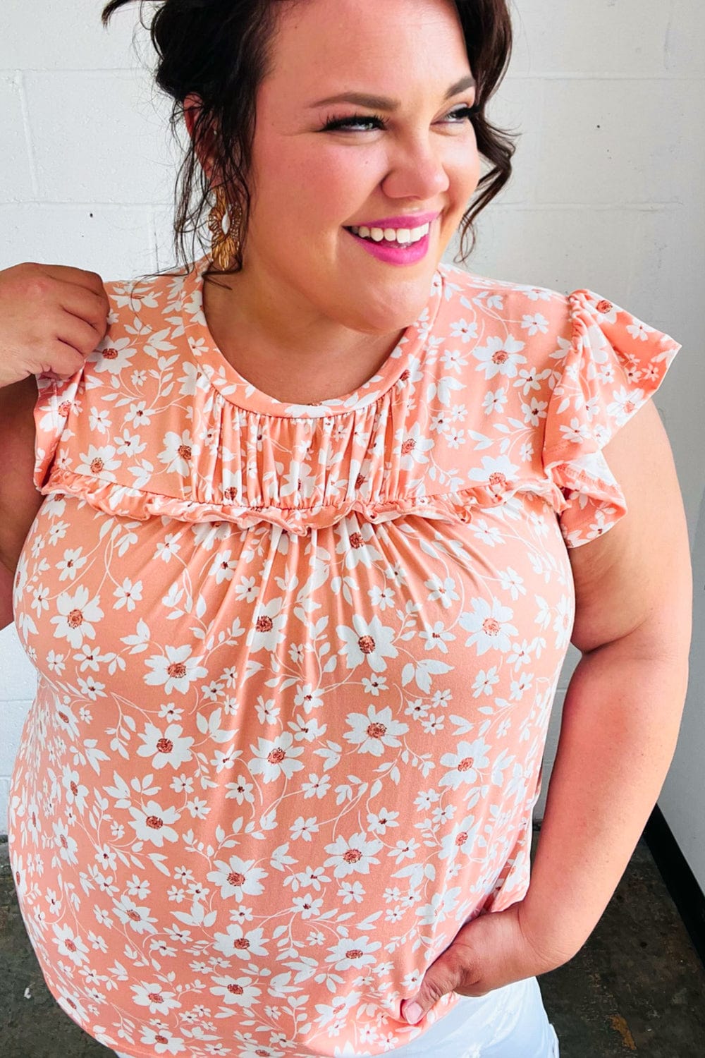 Peach Floral Print Frilled Short Sleeve Yoke Top