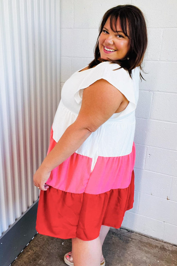 Peach & Cherry Red Tiered Frill Sleeve Midi Dress - Coeur de la Mode
