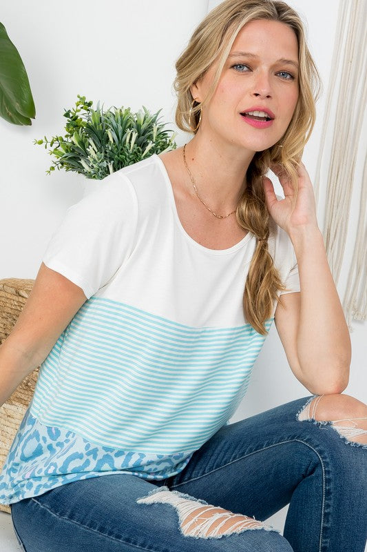 PLUS ANIMAL STRIPE AND SOLID JERSEY MIXED COLORBLOCK TOP- Plus Animal stripe solid colorblock top- Round neck short sleeves- Loose fit- Animal terry print stripe solCoeur de la Mode