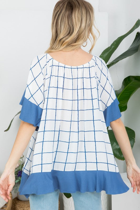 PLUS WOVEN PLAID AND SOLID JERSEY MIX RUFFLE PEASANT TOP- Plus Plaid mix ruffle peasant top- Short ruffled bell sleeves- Wear it off shoulder or as a loose scoop necCoeur de la Mode