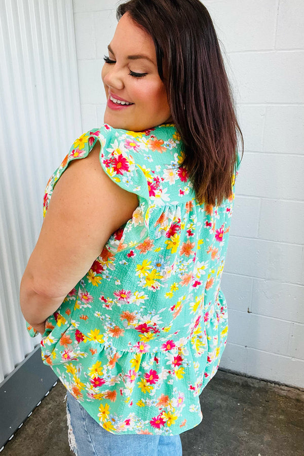 Mint Floral Yoke Flutter Sleeve Keyhole Back Top - Coeur de la Mode