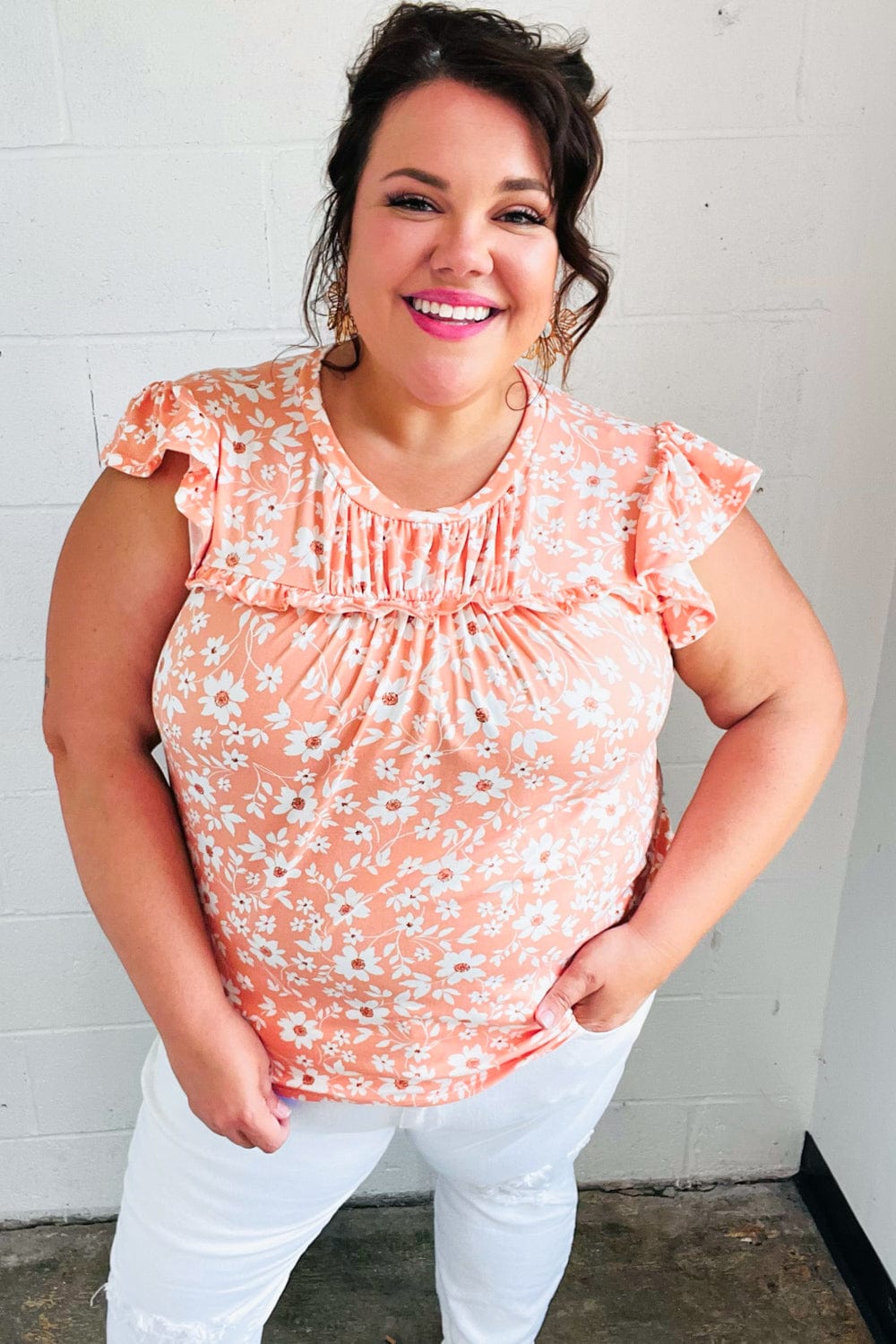 Peach Floral Print Frilled Short Sleeve Yoke Top