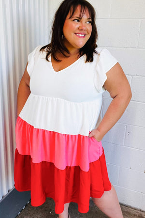 Peach & Cherry Red Tiered Frill Sleeve Midi Dress - Coeur de la Mode