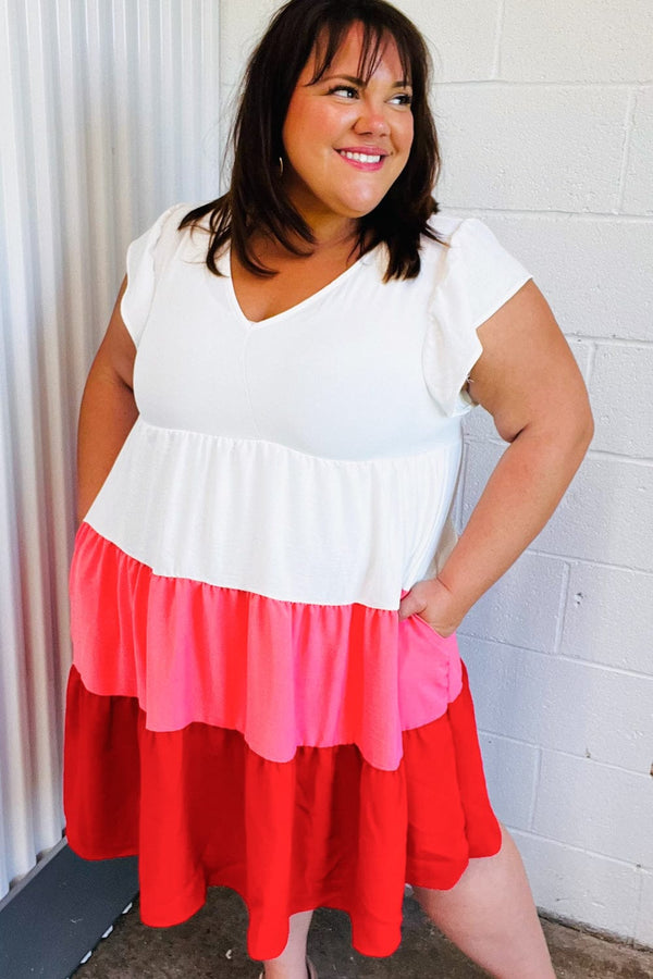 Peach & Cherry Red Tiered Frill Sleeve Midi Dress - Coeur de la Mode